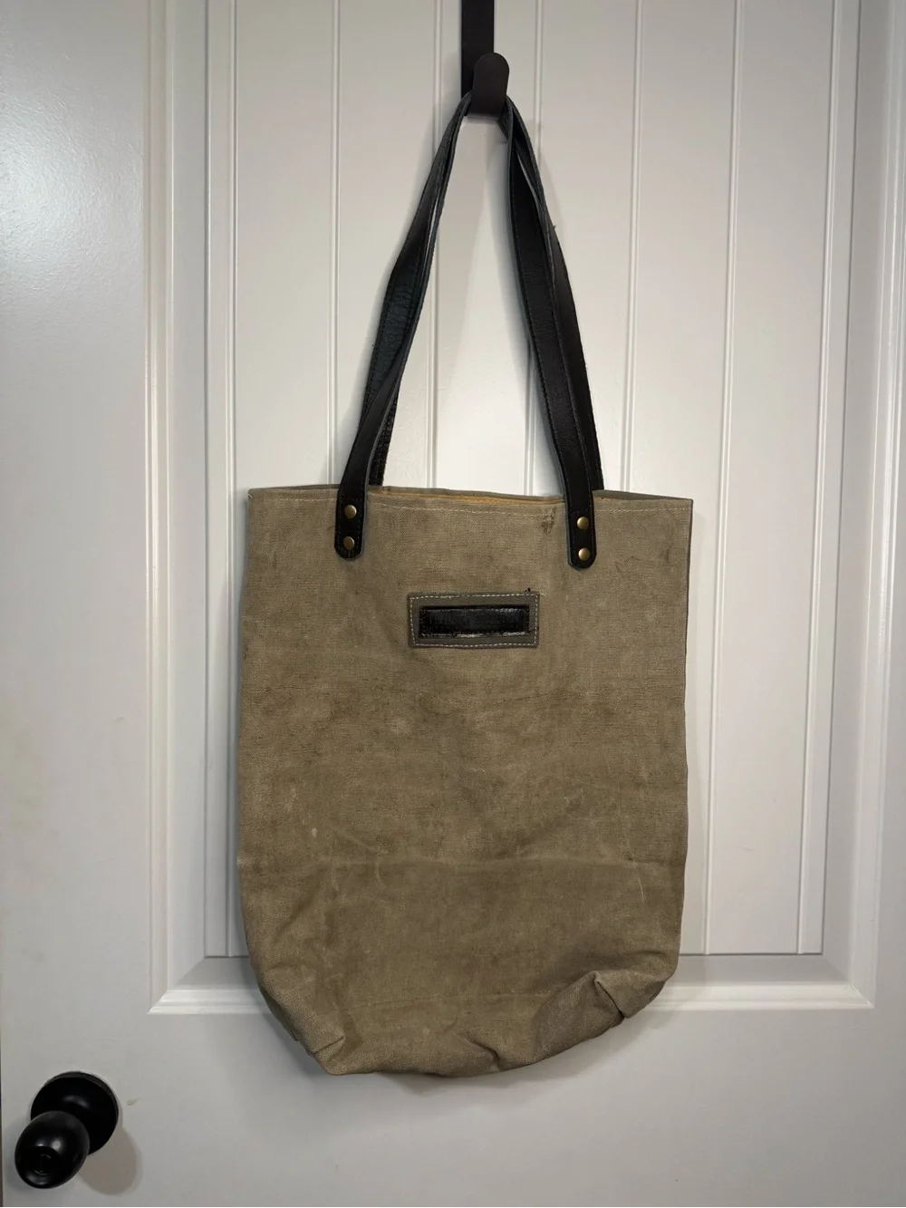 Canvas Hobo Tote in Olive with Black Handles and Green Accent Patch
